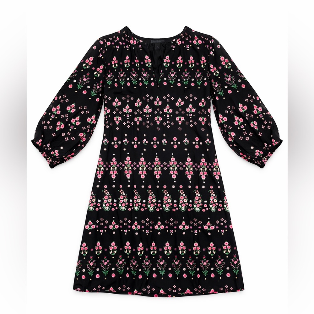 Ann Taylor Black Midi Dress with Pink Floral Pattern